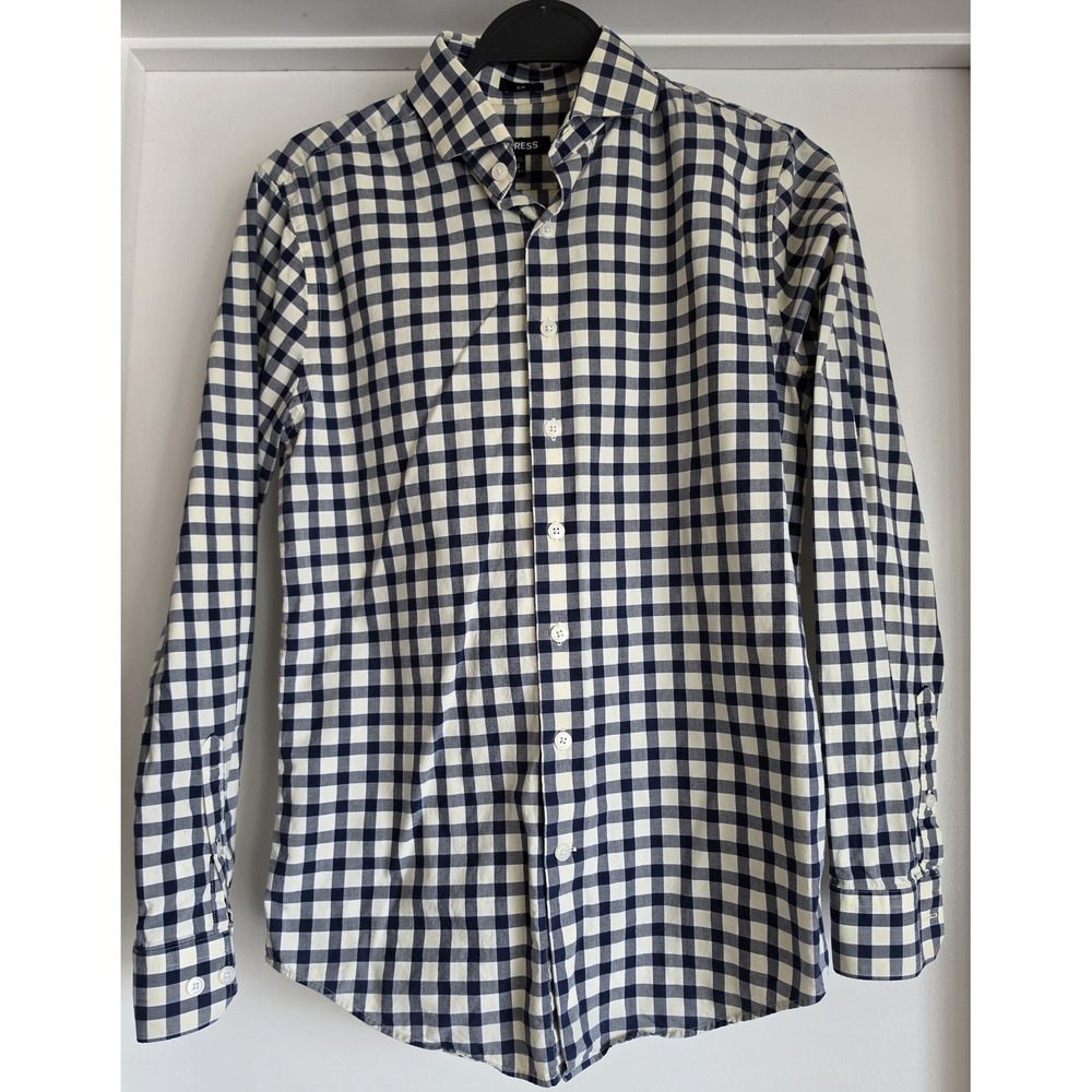 Express Men XS Gingham Button-Up Shirt Navy White Cotton Long Sleeve Top